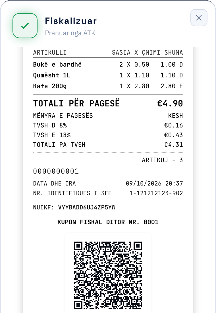 Kuponi fiskal i pranuar: Fiskalizuar, Pranuar nga ATK, me artikujt dhe totalin